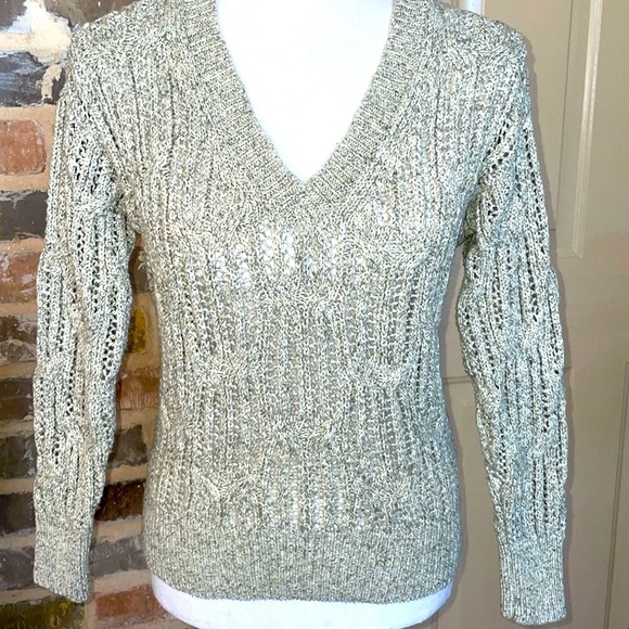 Chunky Cable Knit Open Weave Crochet Sweater Cozy Tan V-Neck Boho Chic Preppy XS - Picture 6 of 14